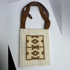 Vintage Roger Van S Beaded Purse Retro Tote Shoulder Bag Brown Cream White NOS